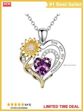 Sunflower Heart Pendant Necklace Cubic Zirconia 18+2" Chain Gift for Mom